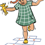 Cartoon of a child holding a toy mouse playing hopscotch