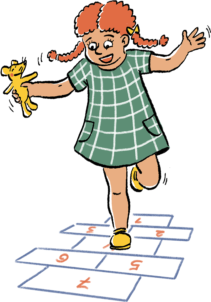 Cartoon of a child holding a toy mouse playing hopscotch