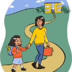 Cartoon of a parent and child on their way to school