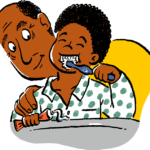 Cartoon of a child brushing teeth with support from adult