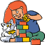 Cartoon of a child and cat building blocks