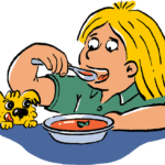 Cartoon of a child eating soup as a small dog watches