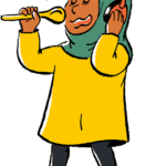 Cartoon of a child singing using a wooden spoon as a pretend microphone