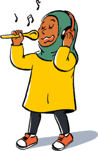 Cartoon of a child singing using a wooden spoon as a pretend microphone