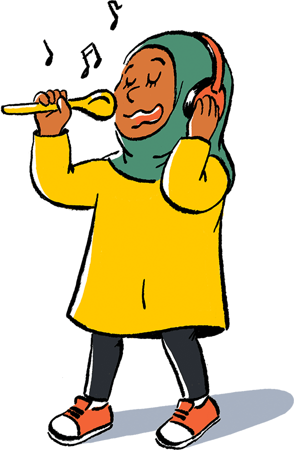 Cartoon of a child singing using a wooden spoon as a pretend microphone