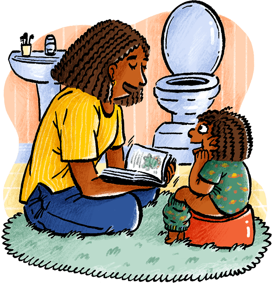 Caregiver reads a story to young child on potty