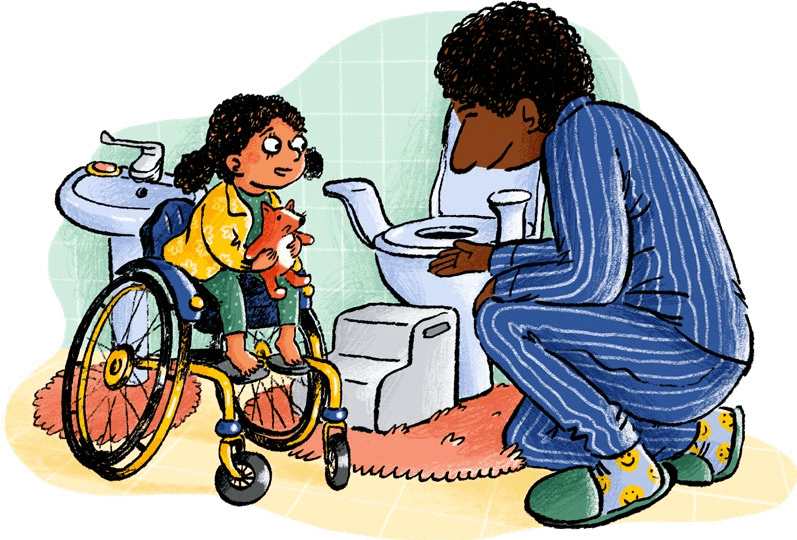 Child in wheelchair looking at toilet with parent