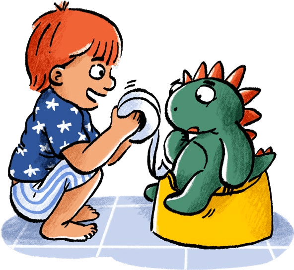 Child playing with dinosaur toy on potty