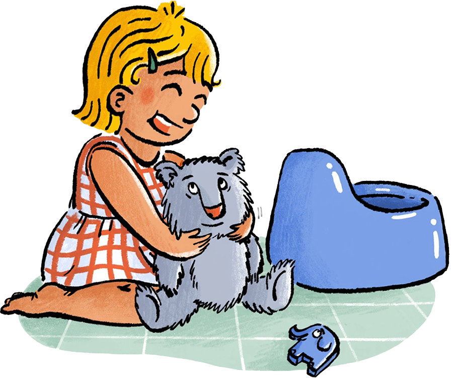 Child playing with teddy by potty