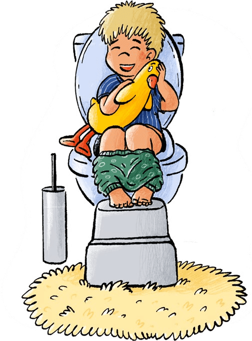 Child sitting on toilet cuddling a toy